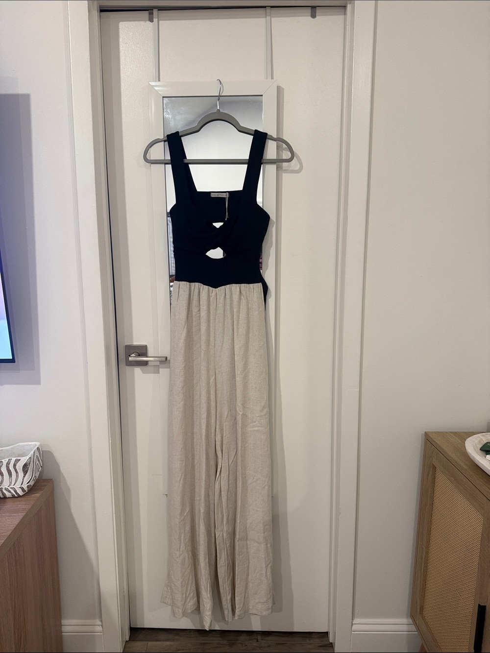 Sleeveless Black & Cream Maxi Dress with Front Cutout
